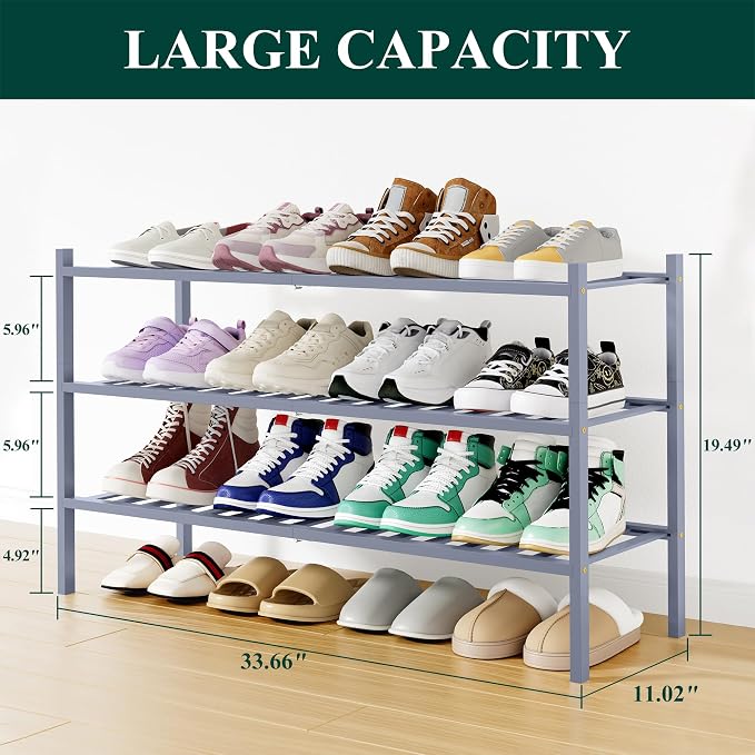Smiry Shoe Rack, 3 Tier Long Bamboo Shoe Organizer, Stackable Free Standing Wooden Shoe Storage Shelf for Closet, Entryway, Front Door Entrance, Grey - Image 2