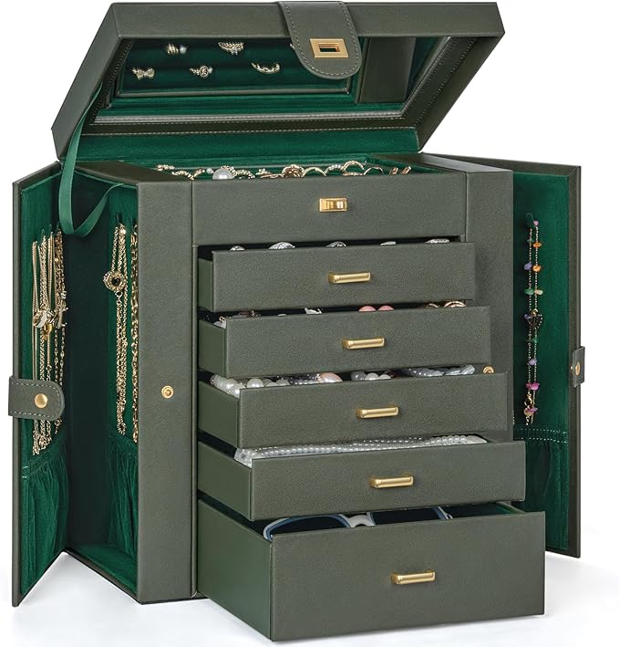 AKOZLIN Huge Jewelry Box Organizer Functional Large Leather Jewelry Storage Case for Women Girls Ring Necklace Earring Bracelet Holder Organizer with Mirror by AKOZLIN