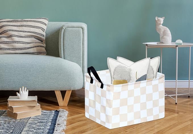MAIZMZ Beige Check Storage Basket Baby Toys Organizer Bins Decorative Gifts Bakset Waterproof Nursery Hamper Women Storage Cube Kids Laundry Basket for Home/Dorm/Kitchen/Pet/Office/Closet/Shelf/ - Image 2
