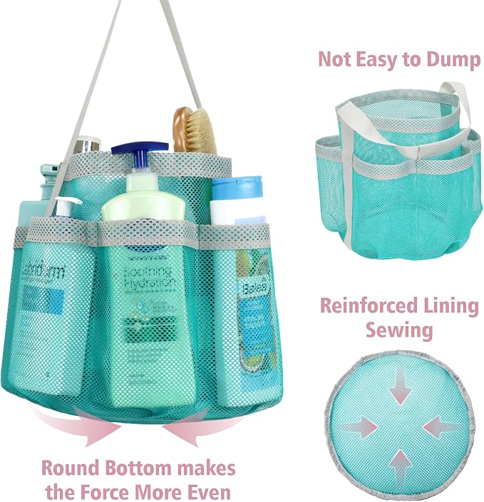 F-color Mesh Shower Caddy Portable, Large Capacity Shower Bag Basket Tote for College Dorm Room Toiletry Gym Rv Essentials, Bathroom with S Hook, Mint Green - Image 5
