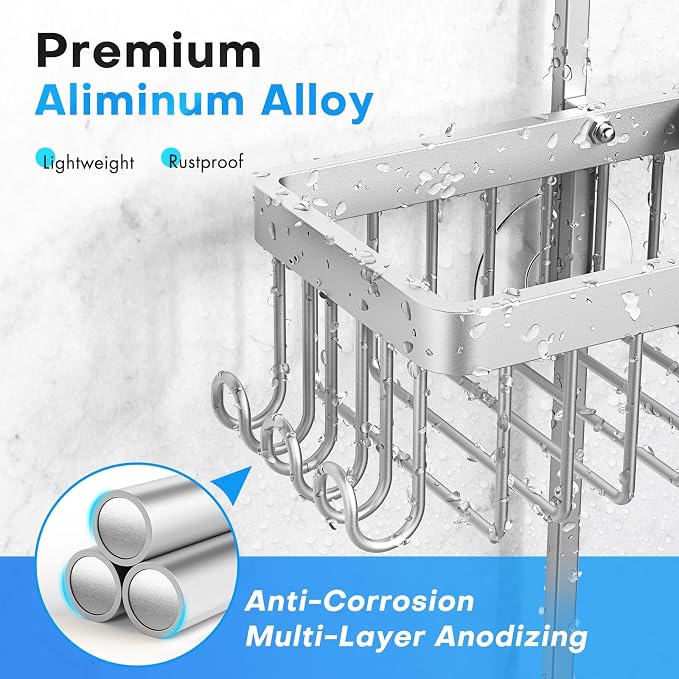 Sewulidon Aluminum Alloy Hanging Shower Caddy for Handheld Shower Heads,Rustproof Hose Shower Organizer 4 Levels Height Adjustable Shower Rack with Hooks,Razor Holder,Soap Holder - Image 2