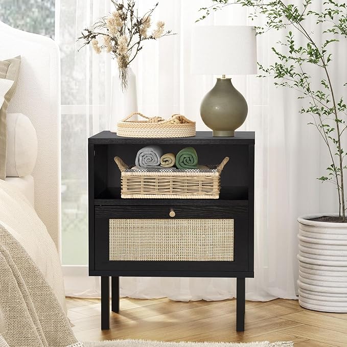 Angel Sar Rattan Night Stand Set 2, Boho Bedside Table Black Nightstand with Rattan Door, Storage Cabinet, Open Storage Space & Sturdy Metal Legs, Accent Bed Side Table, Wood End Tables Bedroom