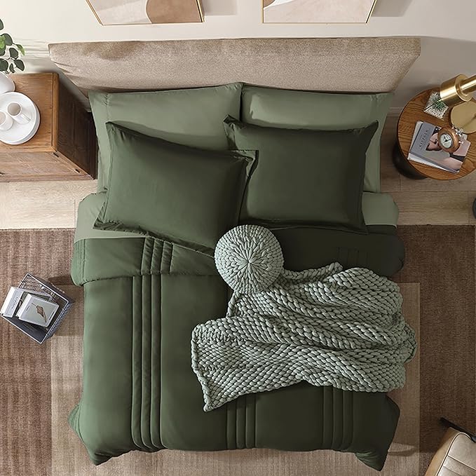 Monbix Full Comforter Set - 7 Pieces Olive Green Bed in a Bag Full Size Bedding Sets with Comforters, All Seasons Comforter with Sheets, Pillowcases & Shams