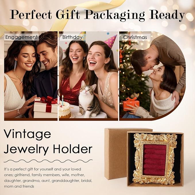 Vintage Ring Holder Rectangle Gold Velvet Display Stand - Baroque Jewelry Organizer Box Tray for Wedding Engagement Anniversary Women Birthday Christmas Gift Photograph Prop (MPF05-Gold Red) - Image 6