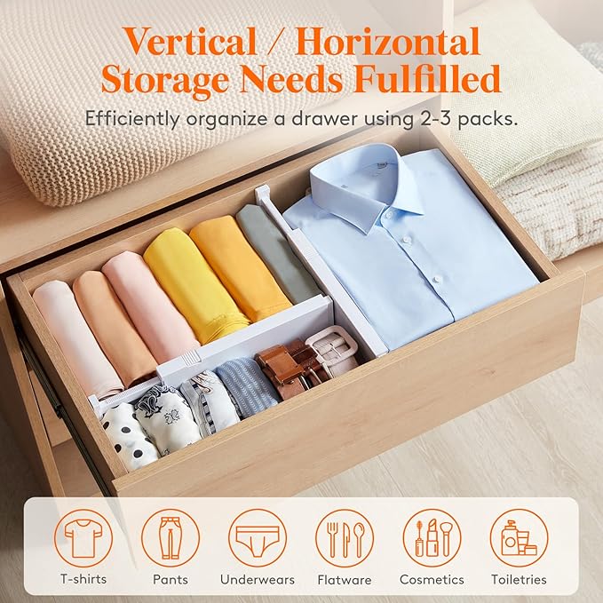 Lifewit 6 Pack Drawer Dividers for Clothes, 10.9-16" Adjustable Drawer Organizers, 4" High Plastic Expandable Drawer Separators in Bedroom/Office/Bathroom/Kitchen Storage, White - Image 5