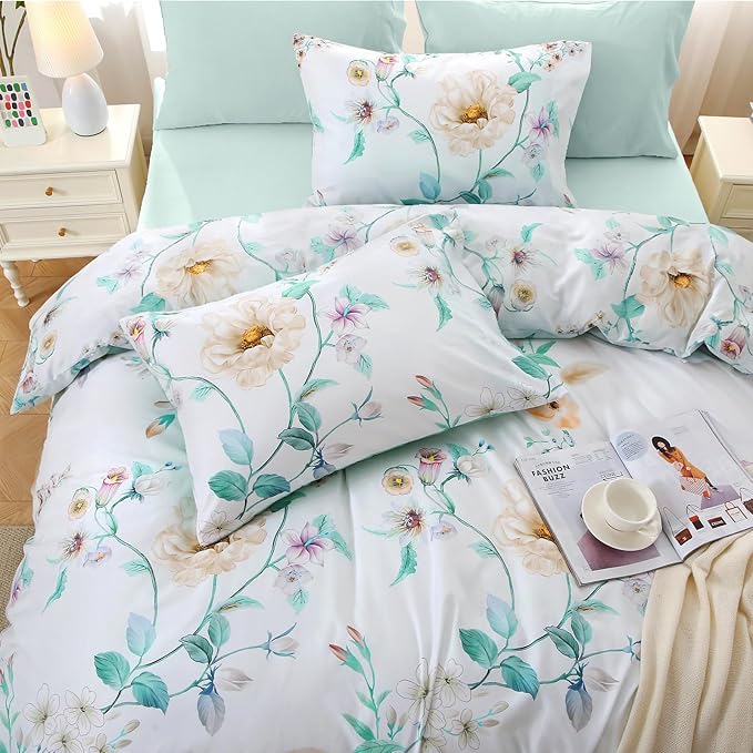 MUXHOMO Green Branch Bed in a Bag Queen 7 Pieces, Queen Comforter Set Reversible Botanical Flowers Design, Ultra Soft & Breathable Bedding Sets with Comforter, Sheets, Pillowcases & Shams