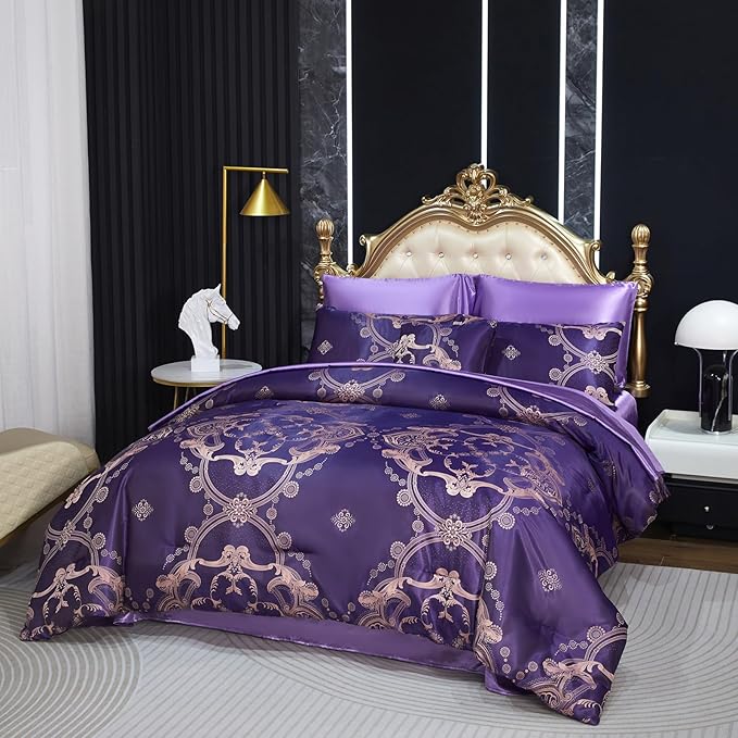 Bedding_Dreamer Purple Queen Comforter Set Satin Sheet Set Jacquard Bedding Set 8 Pcs Embroidery Neoclassical Floral Elegant Bed Home Decor Soft Comforter Luxury Hotel Bed in a Bag