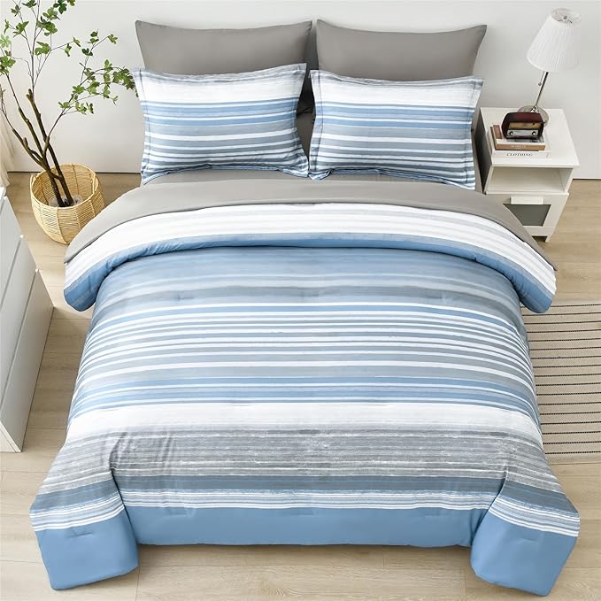 KAKIJUMN 7 Piece Bed in a Bag Stripe Comforter Set King Size, White Grey Blue Patchwork Striped Comforter and Sheet Set, All Season Soft Microfiber Complete Bedding Set(Light Blue,King)