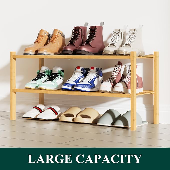 Smiry Shoe Rack, 2 Tier Bamboo Shoe Organizer, Stackable Free Standing Wooden Shoe Storage Shelf for Closet, Entryway, Front Door Entrance, Natural - Image 5