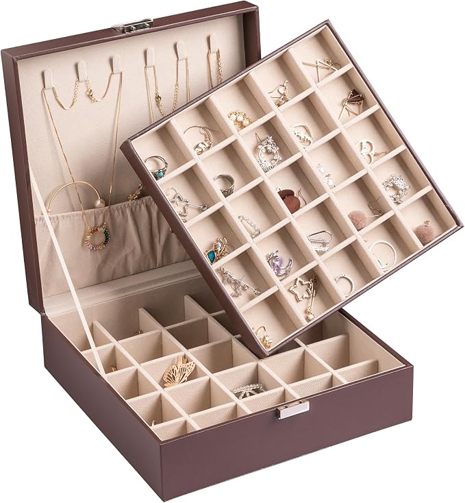 Frebeauty Earring Organizer Classic Jewelry Box 50 Slots Double Layer Jewelry Storage Case with 6 Necklace Hook and Bracelet Pocket(Dark Brown) by Frebeauty