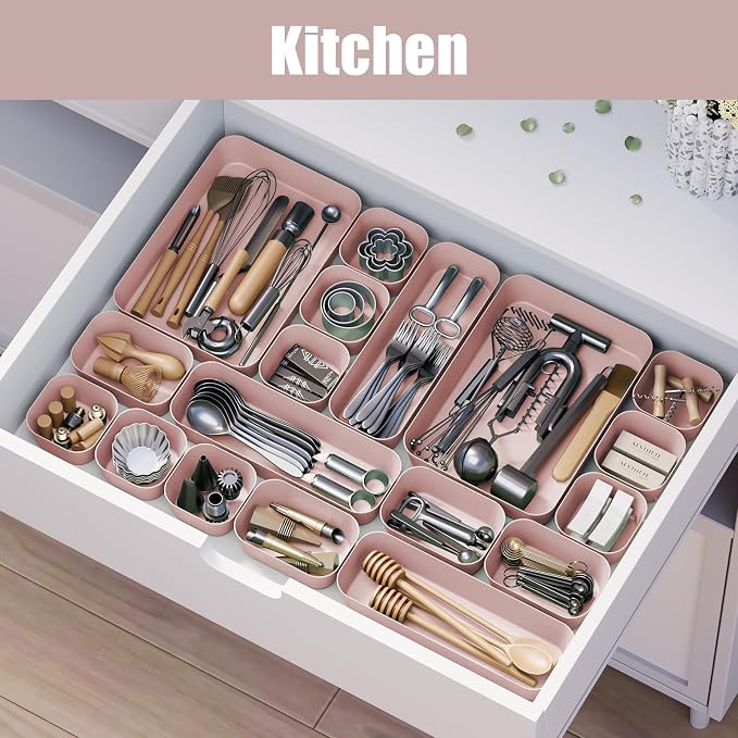 Plastic Drawer Organizers, 18 PCS Bathroom Drawer Organizer Bins, Desk and Vanity Organizer Plastic Tray, Makeup organizer and storage for Bedroom, Kitchen Gadgets Utensils and Office (Pink) - Image 5