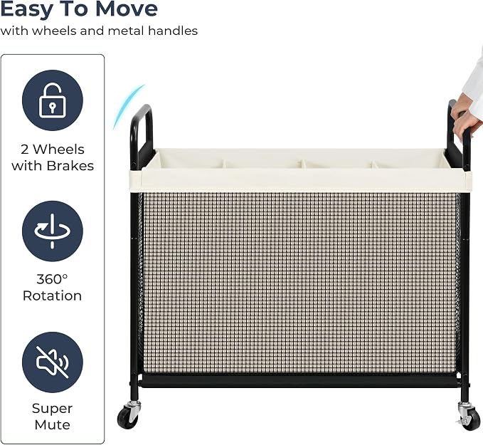 STO STO Laundry Hamper 4 Section, 140L Rolling Laundry Sorter Cart with Removable and Washable Liner Bag, Clothes Hamper with Wheels and Metal Handle for Laundry Room and Bedroom, Beige - Image 7