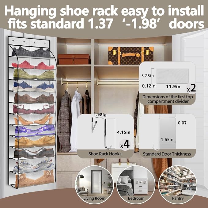 PAULONE 12 Pocket Over the Door Shoe Organizer,Reusable Breathable Large Mesh Bag Men's & Women's Sneaker Organizer,Shoe Organizer for Kids,Hanging Shoe Storage Hanging Bag (White) - Image 5