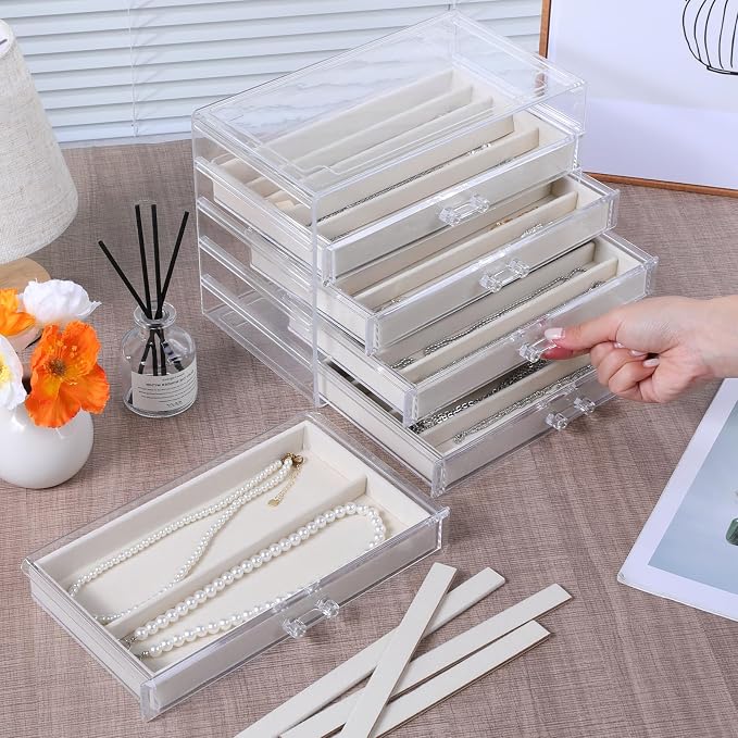 5 Layer Acrylic Necklace Storage Drawer, Dustproof Jewelry Box Organizer with 5 Drawers Dustproof Necklaces Box Clear Acrylic Jewelry Boxes for Women Girls Ring Necklace Earring Bracelet Organizers - Image 5