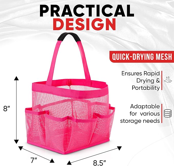 Masirs Shower Caddy Mesh - 9 Pocket Portable Bathroom Organizer Tote for Travel, Gym & Dorm - Collapsible Small Shower Caddy Bag to Hold Toiletries & Essentials (Pink) - Image 3