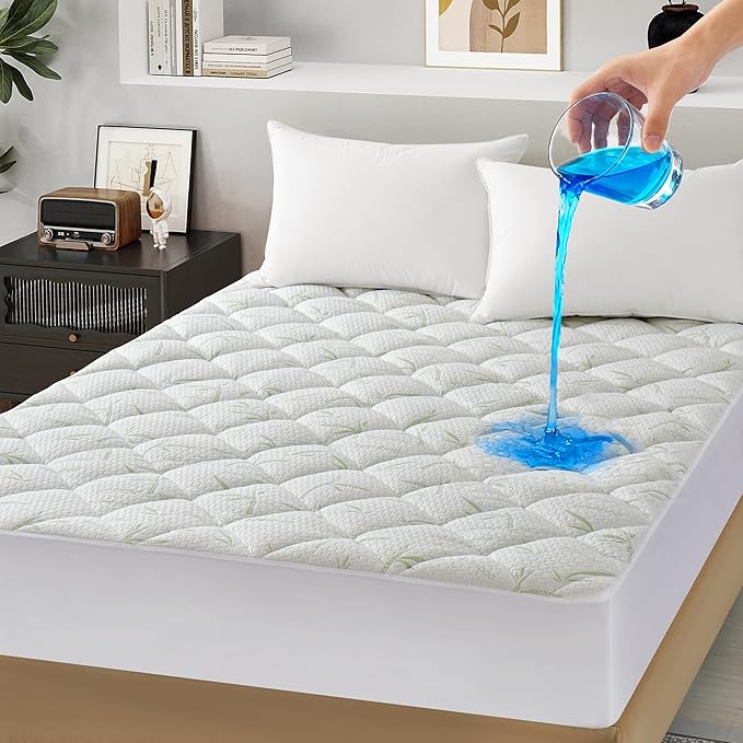 100% Waterproof Mattress Pad Queen (60"x80") - Soft Pillow Top Mattress Protector, Breathable Padded Deep Pocket 8-21” Fitted & Supportive, Naturally Cooling for Hot Sleepers