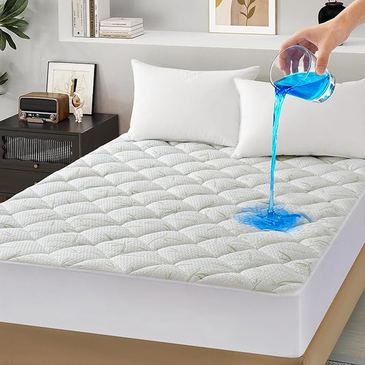 100% Waterproof Mattress Pad Queen (60"x80") - Soft Pillow Top Mattress Protector, Breathable Padded Deep Pocket 8-21” Fitted & Supportive, Naturally Cooling for Hot Sleepers
