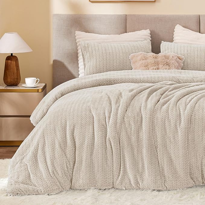 Flannel Fleece Full Comforter Set - Furry Linen Leaves Pattern Faux Fur Bed Set, Winter Ultra Soft Fuzzy Comfort Set, Velvet Bedding Set for Bed with 2 Pillow Cases
