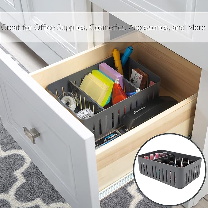 Simplify 4 Pack 3 Compartment Stackable Bin with Adjustable Dividers | Drawer Organizer | Storage Basket | Good for Office | Desk Supplies | Dorm | Bathroom | Accessories | Make Up | Grey - Image 3