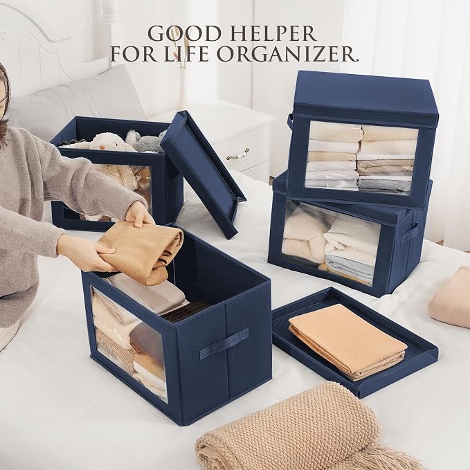 Homsorout Stackable Storage Bins with Lids - Large Storage Box with Lids, Foldable Closet Boxes for Organizing, Wardrobe Clothes Organizer with Window, Cubes Bins for Living Room, 3 Pack, Navy Blue - Image 3