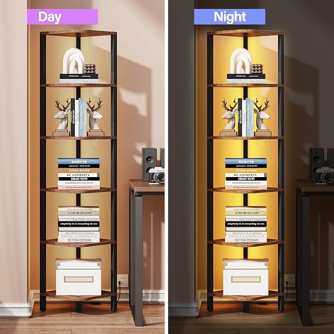 TUTOTAK Corner Shelf with LED Light, 6-Tier Corner Bookshelf for Small Space, Narrow Display Corner Shelf Stand with Storage Rack, for Living Room, Bedroom, Rustic Brown BS08BB006L - Image 5