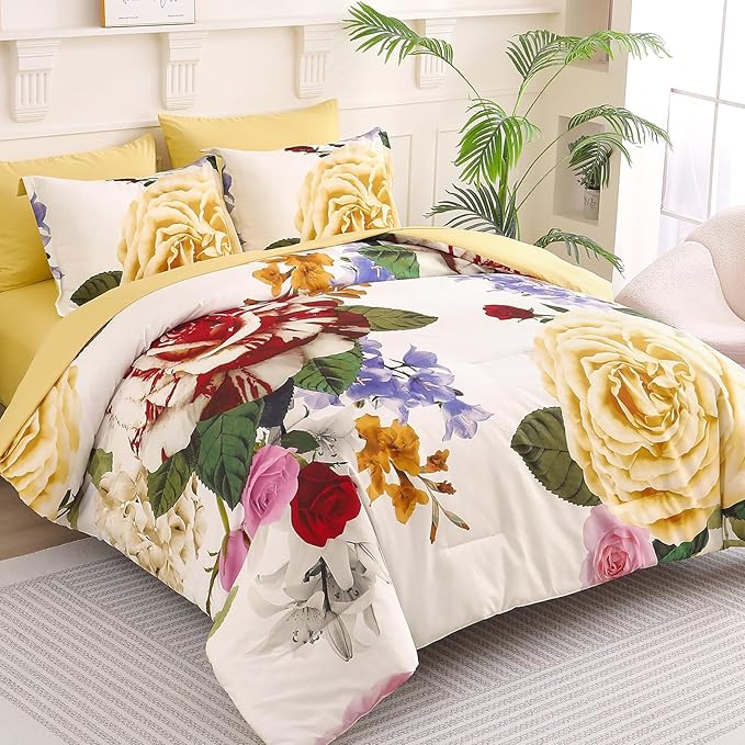 Drucon Yellow Floral Comforter Queen Size 7 Pieces Bedding Sets Bed in a Bag, Botanical Floral Comforter with Sheet Set, Soft Microfiber Bedding Set for All Season(Yellow, 90"x90")