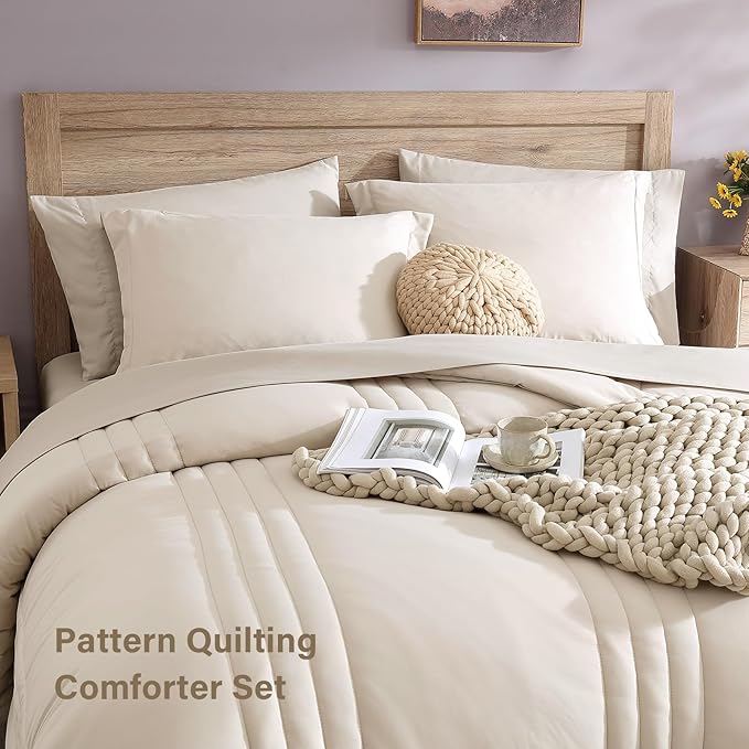 Monbix Super King Plus Size Comforter Set - 7 Pieces Apricot Beige Bed in a Bag Super King Plus Bedding Sets with Comforters, All Seasons Comforter Bed Set with Sheets,Pillowcases & Shams