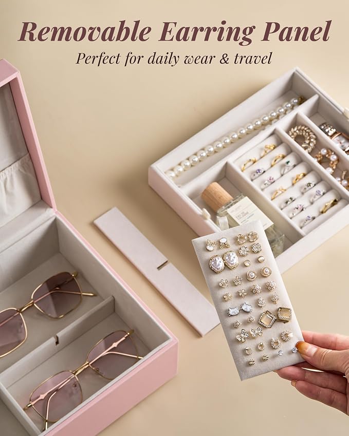 pickpiff 2 Layer Jewelry Box Organizer for Women, Jewelry Organizer with Handle & Removable Tray, Necklace Holder Ring Earring Storage, Velvet Lined Jewelry Case for Home or Travel, Gift Ready, Pink - Image 2