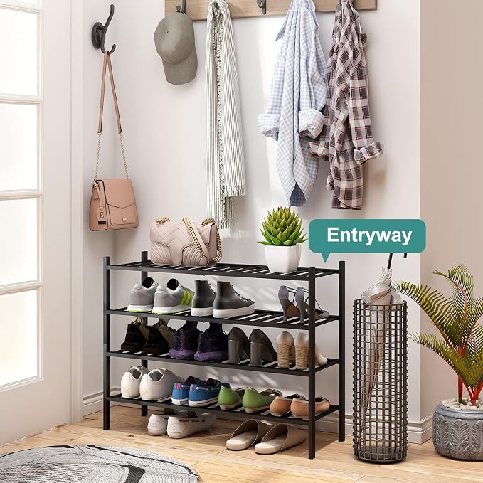viewcare Black 4-Tier Long Shoe Rack, Bamboo Wood, 33-Inch - Image 2