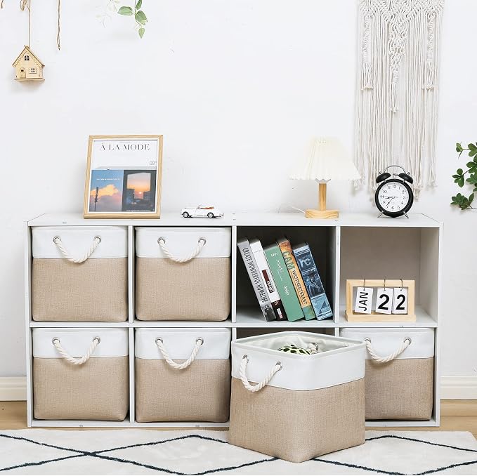 MidmmVick 11 x 11 Inch Cube Storage Bins, 6 Pack Large Collapsible Fabric Storage Bin with Ropes, Foldable Storage Cubes for Home, Office,Closet, Clothes, Toys Organizer (White & Beige-11"x11"x11") - Image 2