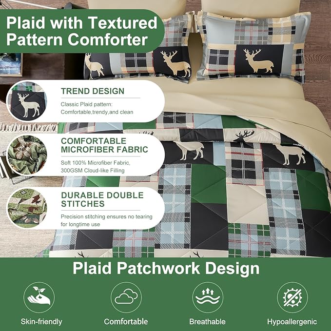 Comforter Set King Size Plaid Patchwork Comforter Bedding-7 Piece Bed in a Bag,Rustic Soft Reversible Microfiber Bedding Set(1 Comforter,1 Flat Sheet,1 Fitted Sheet,2 Pillowcases,2 Pillow Shams)Green