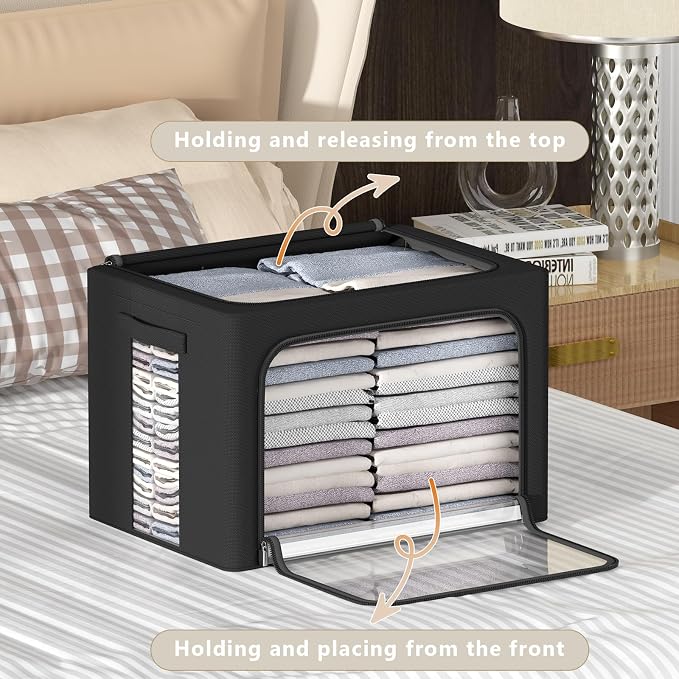 CYhom 3Pack Frame Storage Box - Clothes Storage Bin Bags Oxford Fabric Foldable Stackable Container Organizer Set with Clear Window & Carry Handles (Black, Large-66L) - Image 2