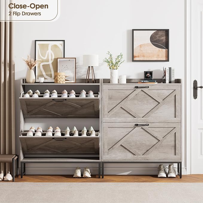Nicetree Shoe Storage Cabinet with 2 Flip Drawers, Freestanding Shoe Organizer, Shoe Cabinet with Metal Legs, Narrow Shoe Rack Cabinet, Farmhouse Slim Shoe Cabinet for Entryway, Hallway, Rustic Gray - Image 3