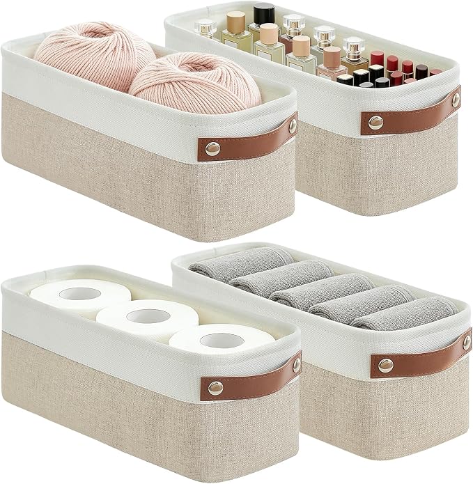 Bagnizer Small Fabric Storage Baskets, 15x6x5 inch Narrow Storage Bins 4-Pack Long Storage Basket for Organizing with Handles, Decorative Basket for Closets, Shelves, Toilet Paper, Beige by Bagnizer