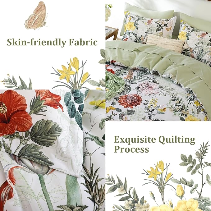 WONGS BEDDING Sage Green Comforter Set King,7 Pieces Floral Comforter Set for All Seasons,Bed in a Bag King with Botanical Flowers Comforter, Sheets, Pillowcases & Shams
