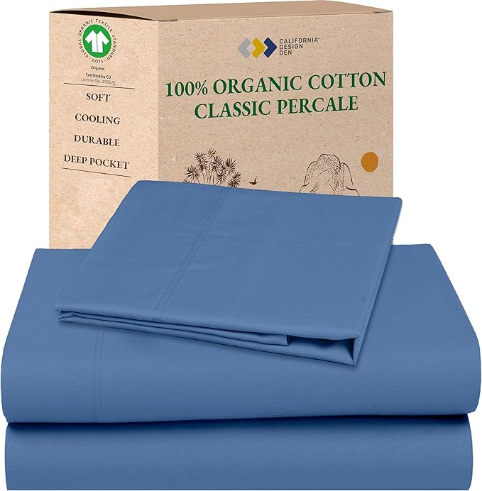 California Design Den Extra Long Twin Sheets Set - Soft 100% Organic Cotton, Cool Percale, Deep Pocket Organic Sheets with Anti-Skid Elastic, Durable Bedding Set for Dorm Room - Riviera Blue