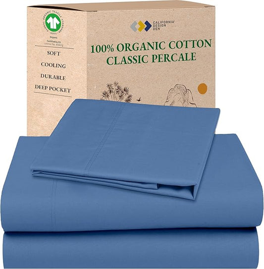 California Design Den Extra Long Twin Sheets Set - Soft 100% Organic Cotton, Cool Percale, Deep Pocket Organic Sheets with Anti-Skid Elastic, Durable Bedding Set for Dorm Room - Riviera Blue
