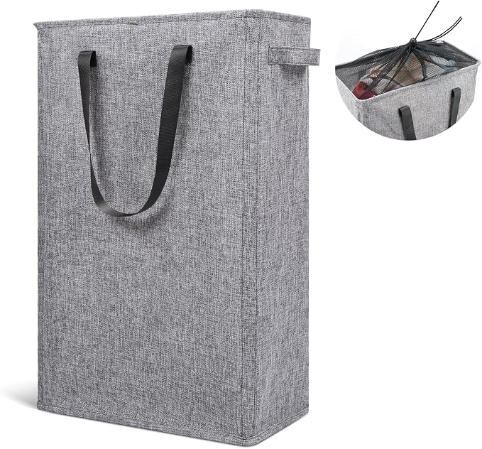 Odonata Slim Laundry Hamper Handles Collapsible Laundry Basket Thin Dirty Clothes Basket Narrow Laundry Bag Foldable Dirty Hamper 45L (Heather Grey) by Odonata
