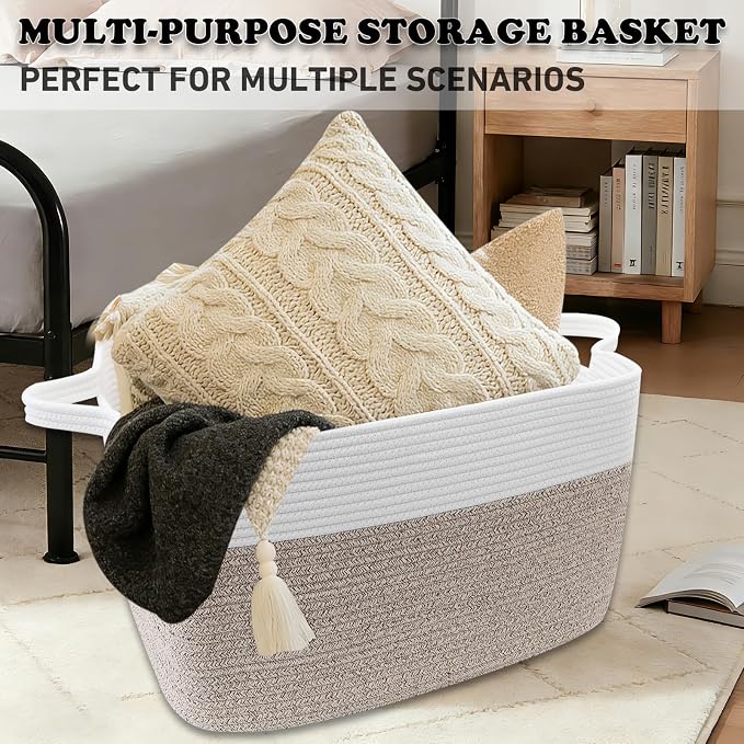 96L Large Blanket Basket,24"x16"x15"Rectangle Storage Bin with Handles,Woven Rope Laundry Basket for Toys, Clothes,Magazines,Home Organization,Nursery,Living Room & Bedroom,White & Brown - Image 6
