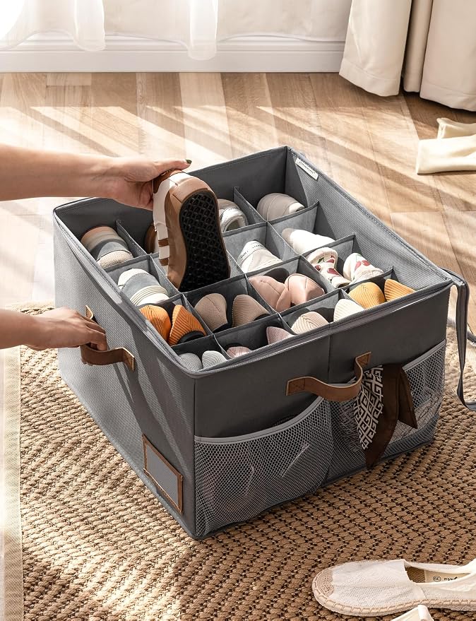 StorageWorks Shoe Organizer for Closet, Fabric Shoe Storage Boxes for Slippers and Sandals, Stackable Shoe Bins for Closet with Side Mesh Pockets, Holds Up to 16 Pairs, Grey - Image 6