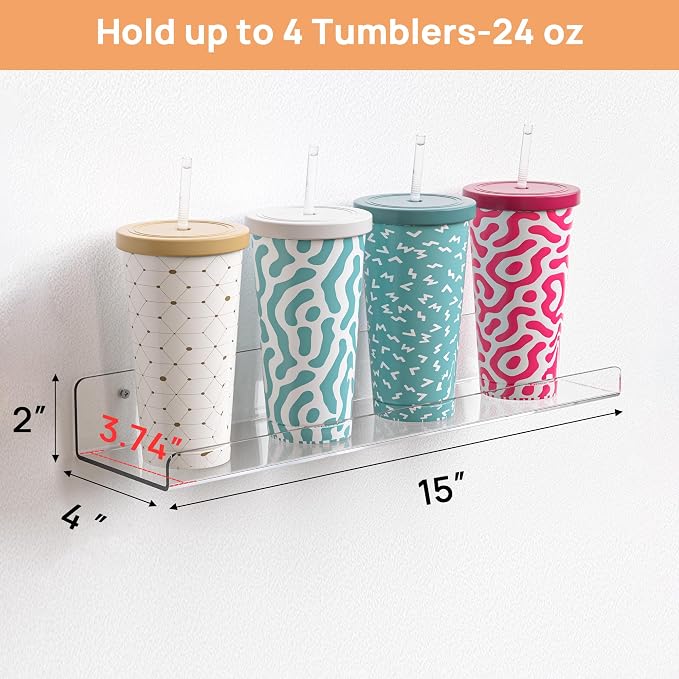 upsimples Acrylic Shelves for Bathroom Storage, 15" Floating Shelves Wall Organizer for Perfume, Make up, Skincare, Kids Bookshelf for Bedroom, Nursery, Living Room Decor, Clear, 4 Pack - Image 2
