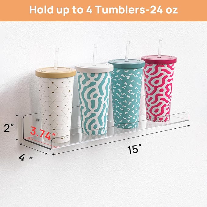 upsimples Acrylic Shelves for Bathroom Storage, 15" Floating Shelves Wall Organizer for Perfume, Make up, Skincare, Kids Bookshelf for Bedroom, Nursery, Living Room Decor, Clear, 2 Pack - Image 3