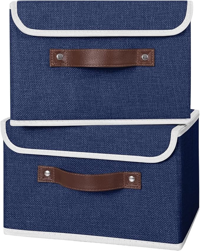 ANMINY 4PCS Storage Bins with Lid PU Leather Handles Storage Boxes PP Plastic Board Decorative Foldable Lidded Cotton Linen Fabric Home Cubes Baskets Closet Organizer Containers - Blue, Small Size - Image 5