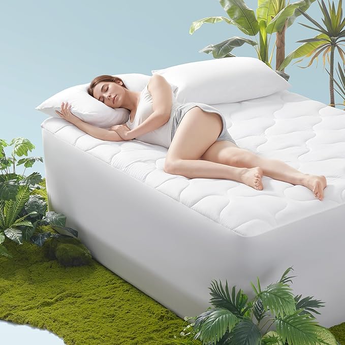 SLEEP ZONE King Air Mattress Pad, Quilted Mattress Topper Cover, Breathable and Noiseless Air Bed Mattress Protector with Deep Pocket Fits Up to 25 Inches (White)
