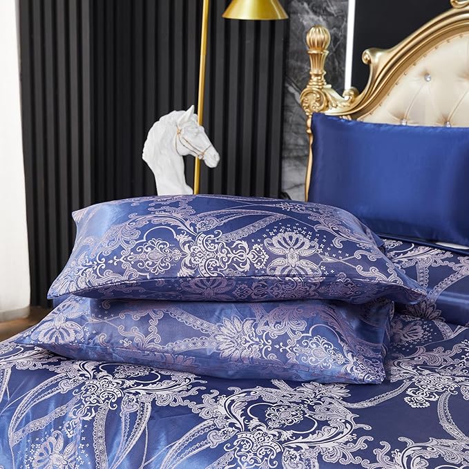 Jacquard King Comforter Set Blue Satin Sheet Set Elegant Bedding Set 8 Pcs Vintage Neoclassical Floral Bed Home Decor Soft Comforter Luxury Hotel Silky Bed in a Bag with 1 Cushion Cover
