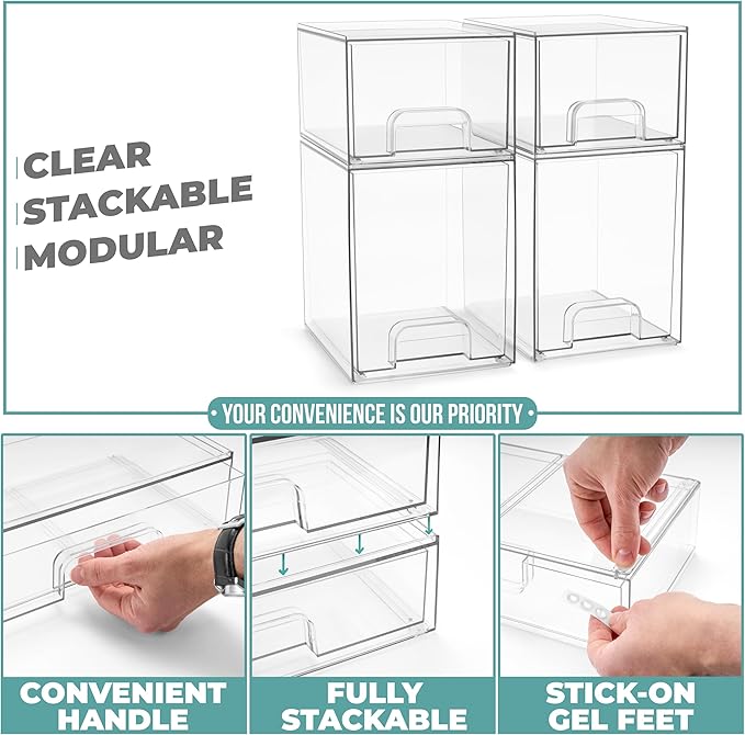 Sorbus Stackable Acrylic Storage Drawers, 4 Pack Clear Plastic Organizer Bins for Baby Bottles, Makeup, Bathroom, Vanity & Countertop Organization, Pull-Out Drawer Design for Cabinets & Pantry - Image 5