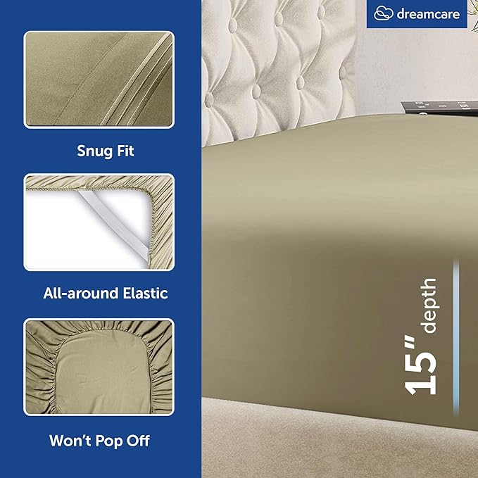 DREAMCARE Queen Sheet Set - 6 pcs Breathable Cooling Bed Sheets - up to 15" Deep Pocket Queen Sheets Set with Side Pockets - Extra Soft 100% Brushed Hypoallergenic Hotel Luxury Bedding - Eucalyptus