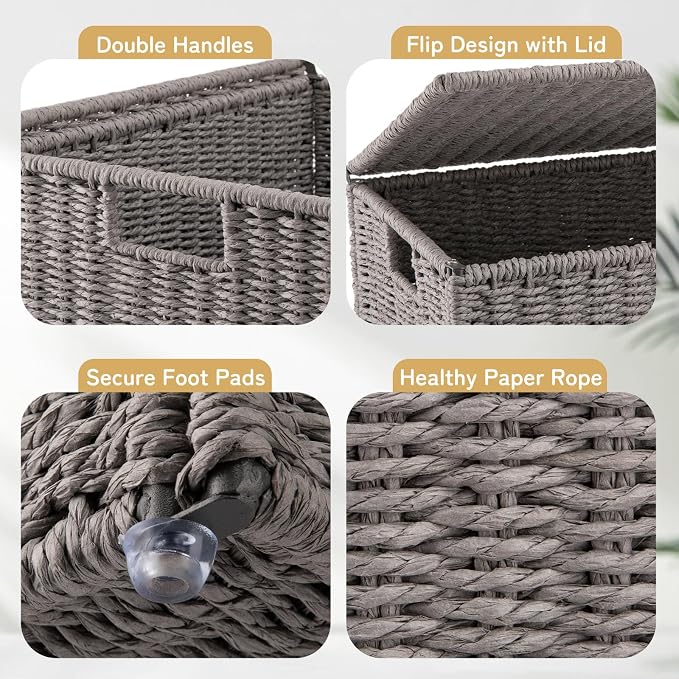 OIAHOMY Laundry Hamper with Lid, 90L(23.8 Gal) Large Wicker Laundry Basket for Bedroom, Handwoven Paper Rope Clothes Hamper with Washable Liner & Metal Frame, Decorative Organizer for Bathroom Grey - Image 5