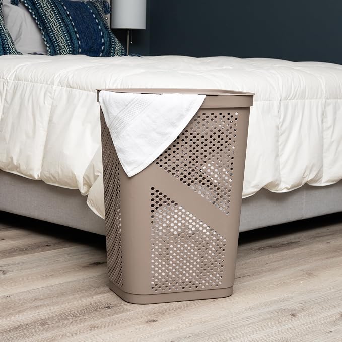 Mind Reader 60L Slim Laundry Hamper, Clothes Basket, Lid, Ventilated, Plastic, Set of 2, Tan - Image 2