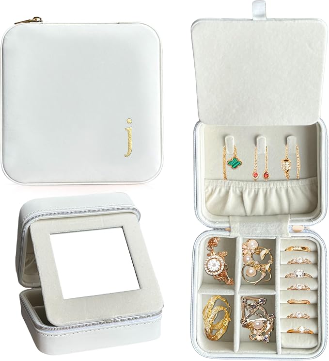 COLLECTIVE HOME - Travel Jewelry Case, Elegant Square Design with Gold Engraved Monogram, Built-in Mirror, Personalized Accessory Organizer for Rings, Necklaces, Gift for Women and Teens (j) by COLLECTIVEHOME